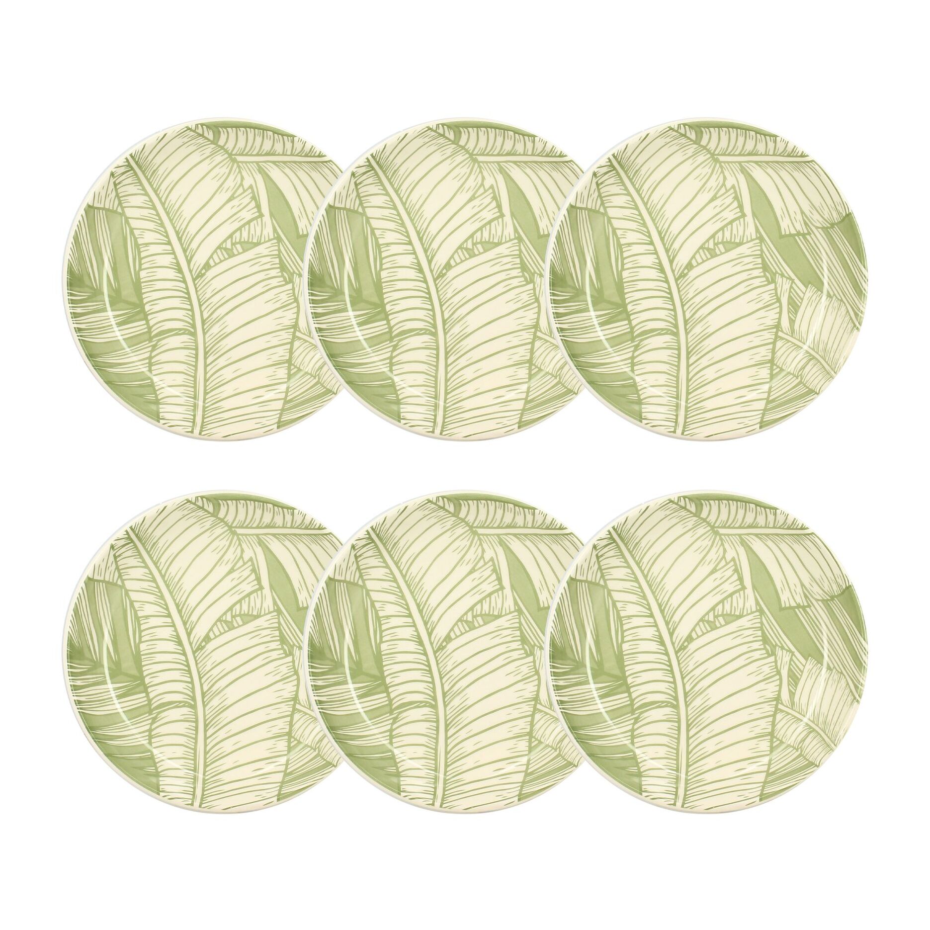 Lot de 6 assiettes creuses 20,5cm en grès à motif vert LEAVES