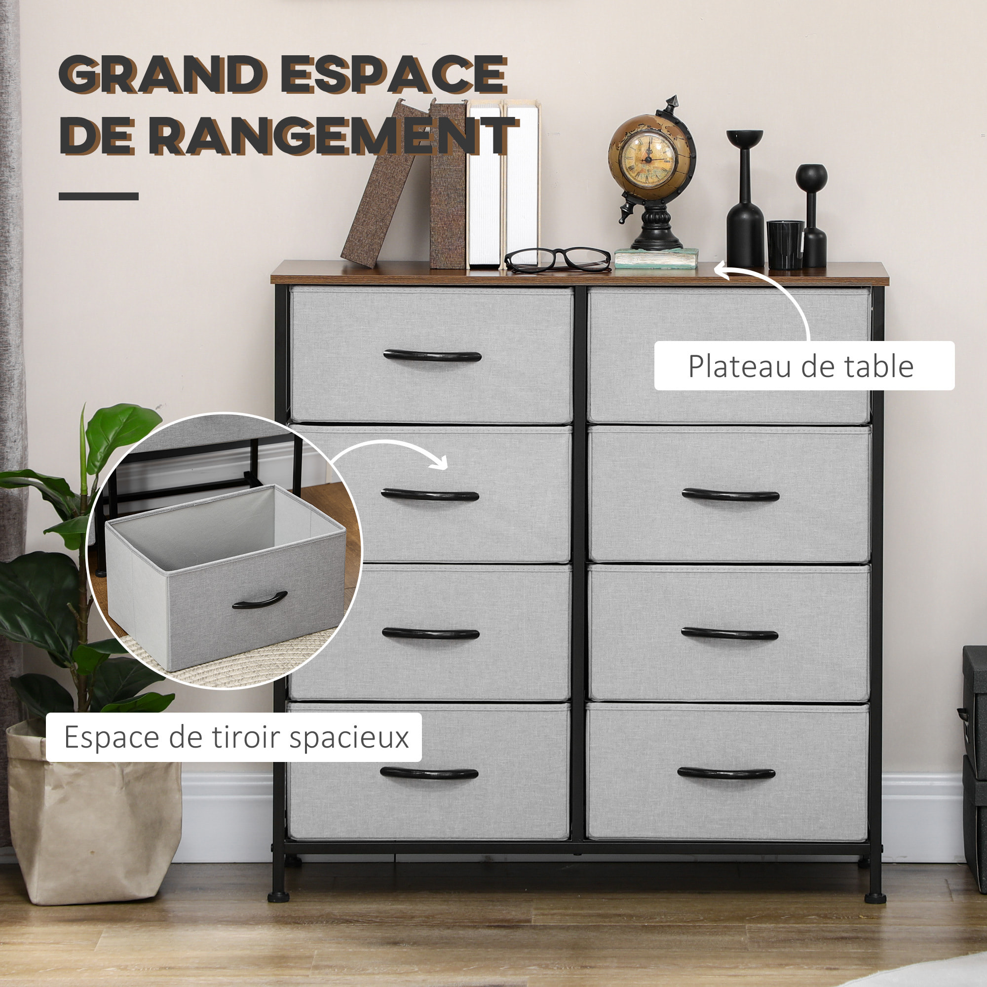 Commode meuble de rangement 8 tiroirs pliables châssis acier noir plateau aspect bois non tissé gris