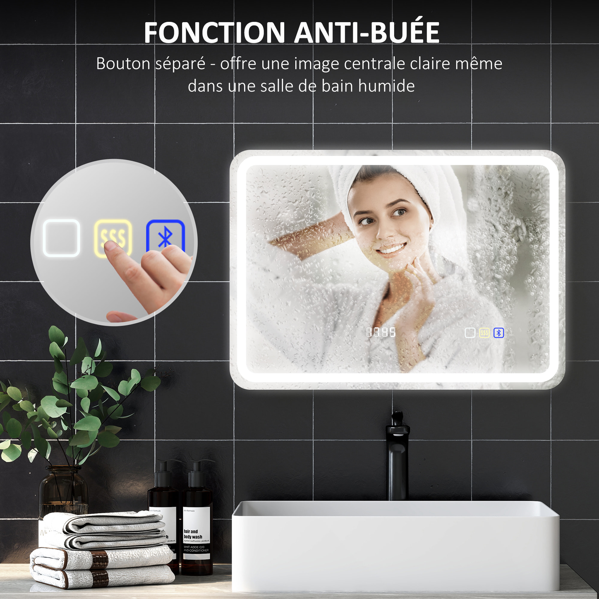 Miroir lumineux LED salle de bain Bluetooth 50x70cm - horloge numérique, antibuée, tactile, réglable - verre trempé 4 mm