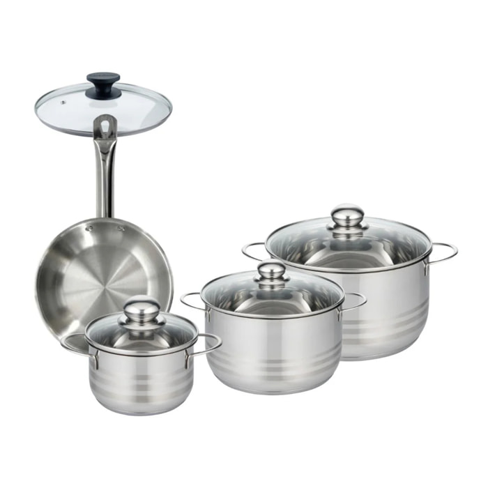 Set 1 poêle 20 cm en inox et 1 couvercle verre, 3 faitouts inox 16, 20 et 24 cm Fackelmann Eterna