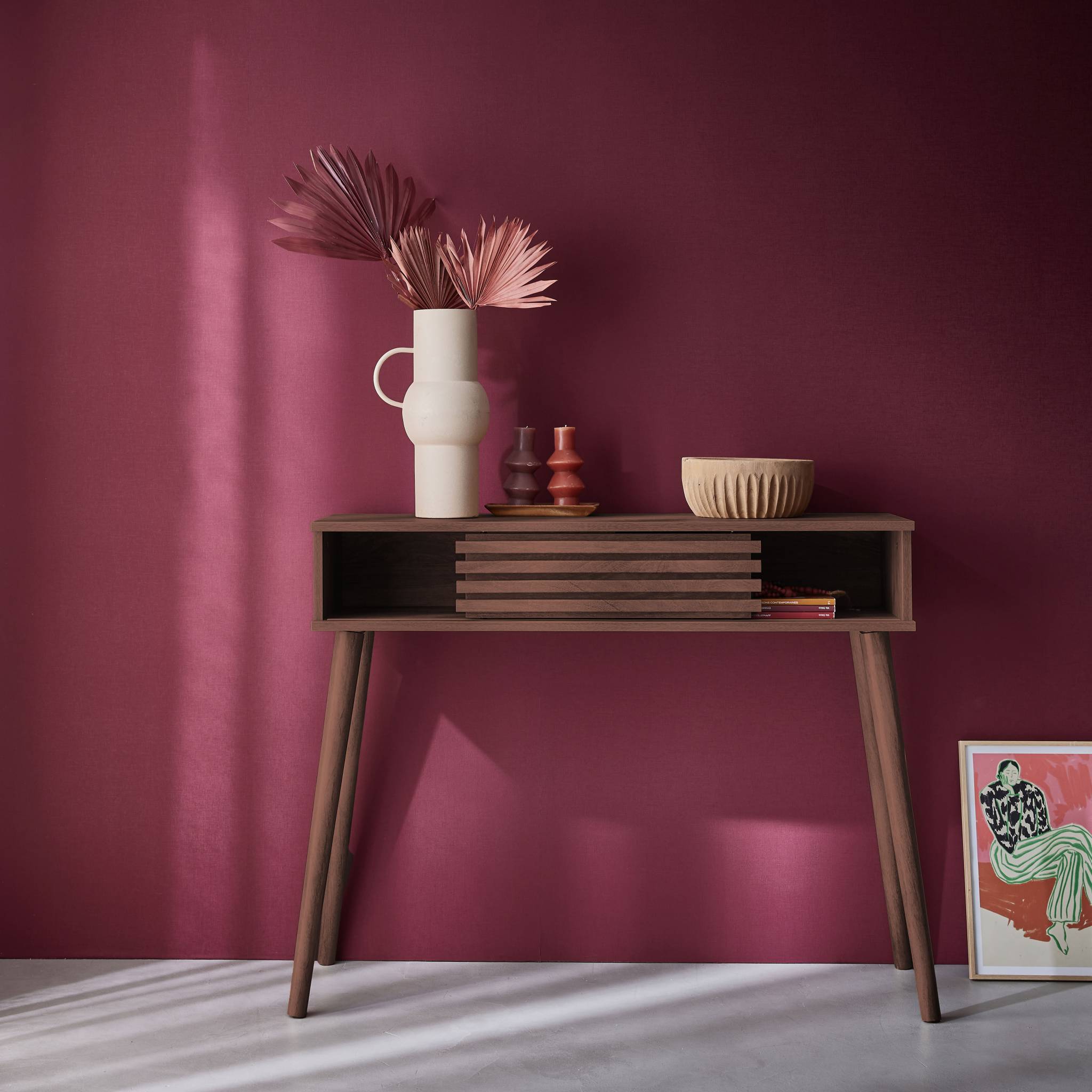 Console scandinave effet bois noyer avec 1 porte coulissante rainurée 2 niches de rangement