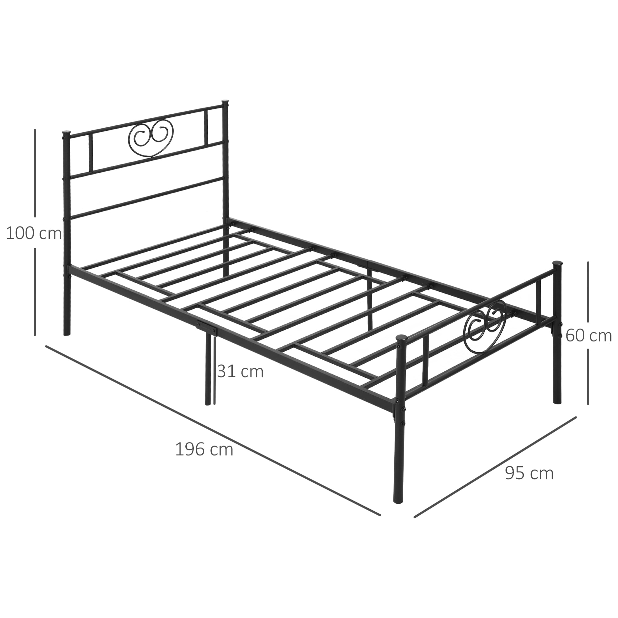 Marco de Cama Individual de Metal 31 cm para Colchón 90x190 cm con Cabecera Forma de Corazón Estructura de Cama con Espacio Bajo de Almacenamiento 95x196x100 cm Negro