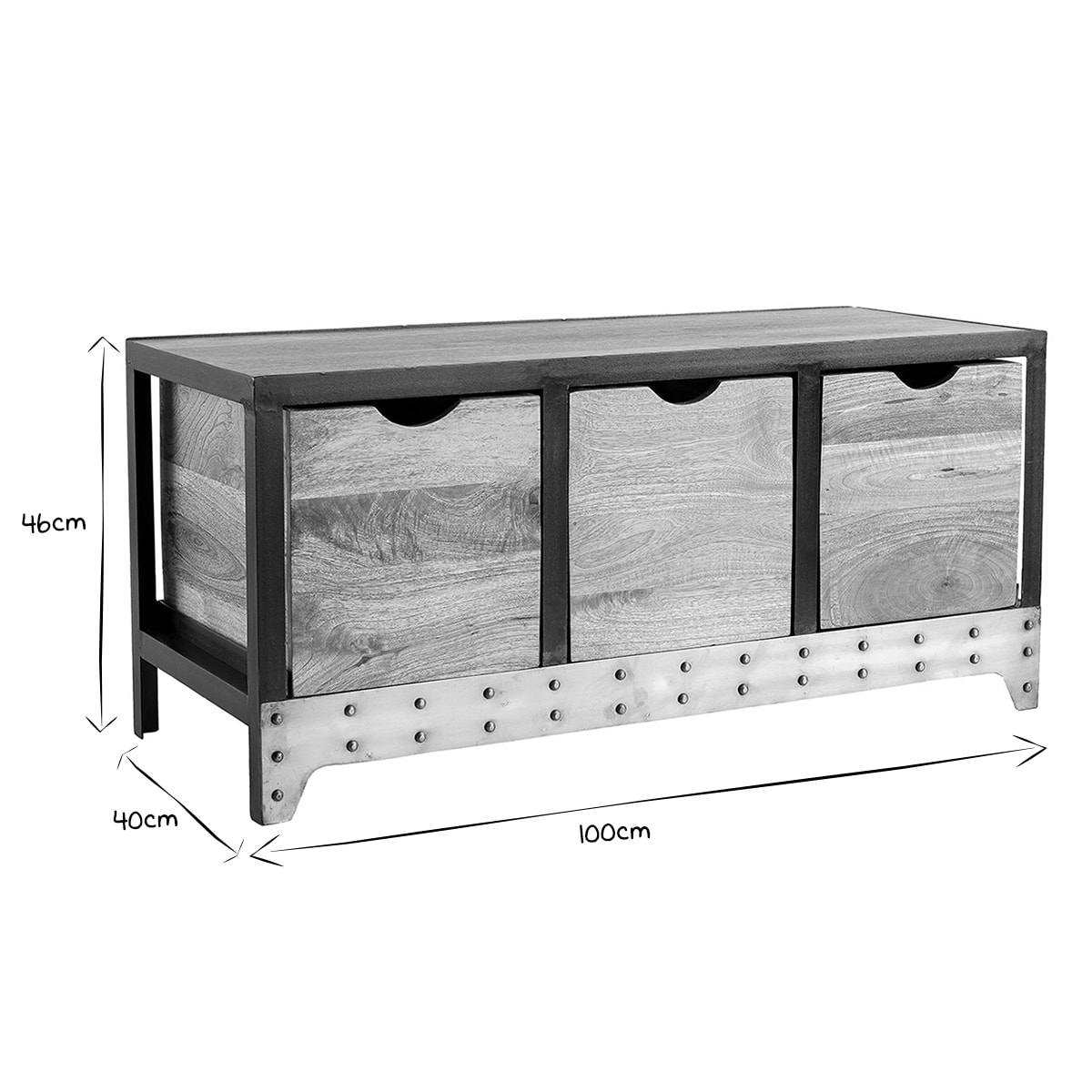 Meuble de rangement industriel en bois manguier massif et métal noir 3 tiroirs L100 cm ATELIER