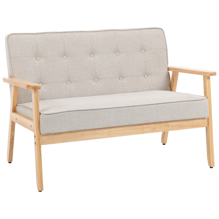 Sofá de 2 Plazas, Tapizado en Lino Sintético, Sofá Nórdico con Patas y Reposabrazos de Madera de Caucho, Respaldo Acolchado, para Salón, Dormitorio, Oficina, Sala de Estar, 113x67x78 cm, Beige