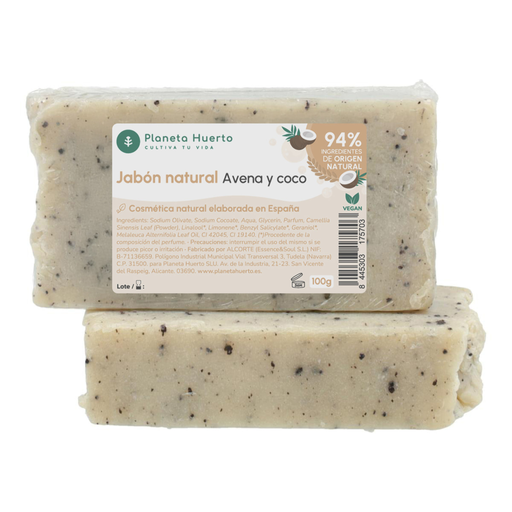 PLANETA HUERTO | Jabón Natural de Aceite de Oliva, Avena y Coco 100 g | Nutritivo e Hidratante | Suavidad y Protección