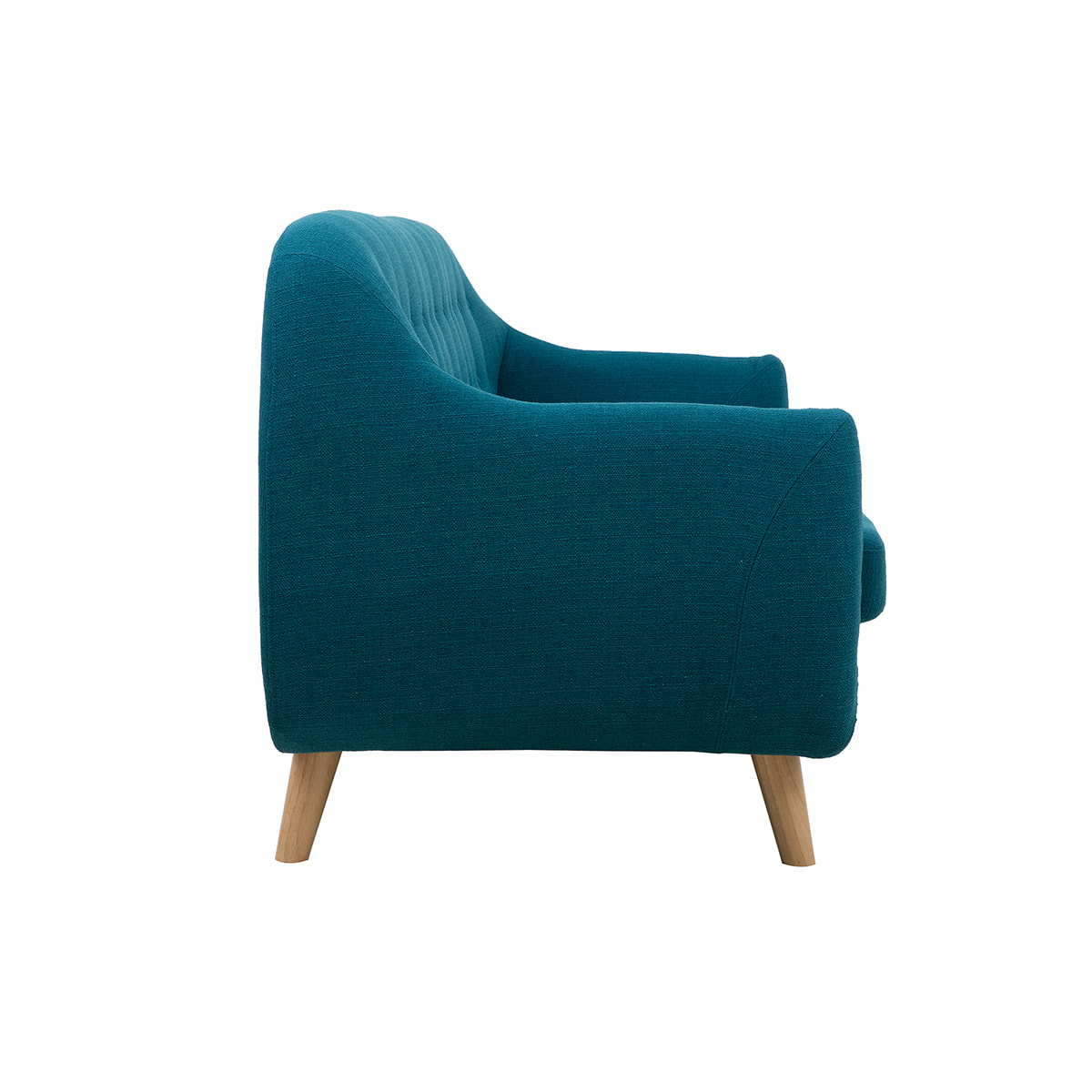 Canapé scandinave déhoussable 3 places en tissu bleu canard et bois clair YNOK