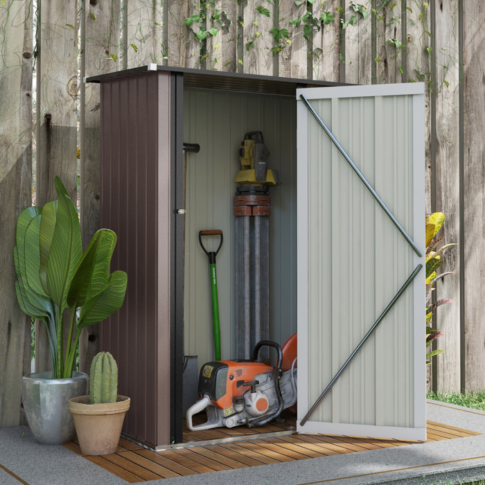 Caseta de Jardín 1,07 m² 142x86x189 cm Cobertizo Exterior Metálico con Puerta Cerradura y Orificios de Drenaje para Almacenamiento de Herramientas Marrón