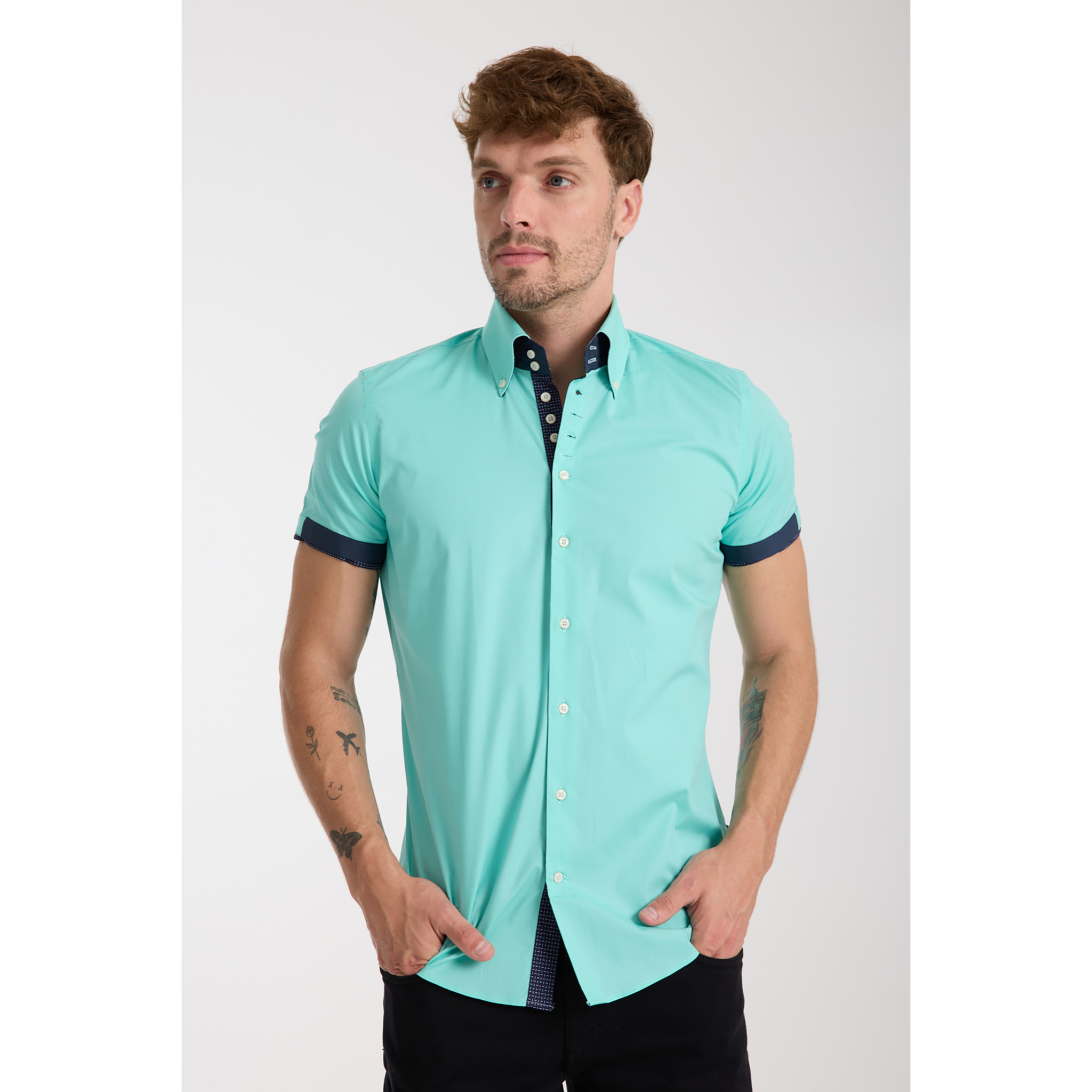 Camicia Uomo Manica Corta 2 Bottoni Button Down 7 Botto Popeline Stretch Unito Verde Acqua