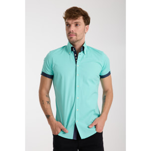 Camicia Uomo Manica Corta 2 Bottoni Button Down 7 Botto Popeline Stretch Unito Verde Acqua