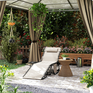 Tumbona Plegable, Tumbona Jardín Exterior con Respaldo Ajustable, Reposacabezas, Bolsillo Lateral, Bandeja y Estructura de Acero, Carga 120 kg para Terraza Piscina Playa, 190x60x31 cm, Crema