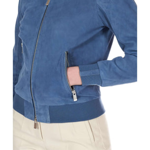 Bomber in pelle camoscio blu denim colletto coreana