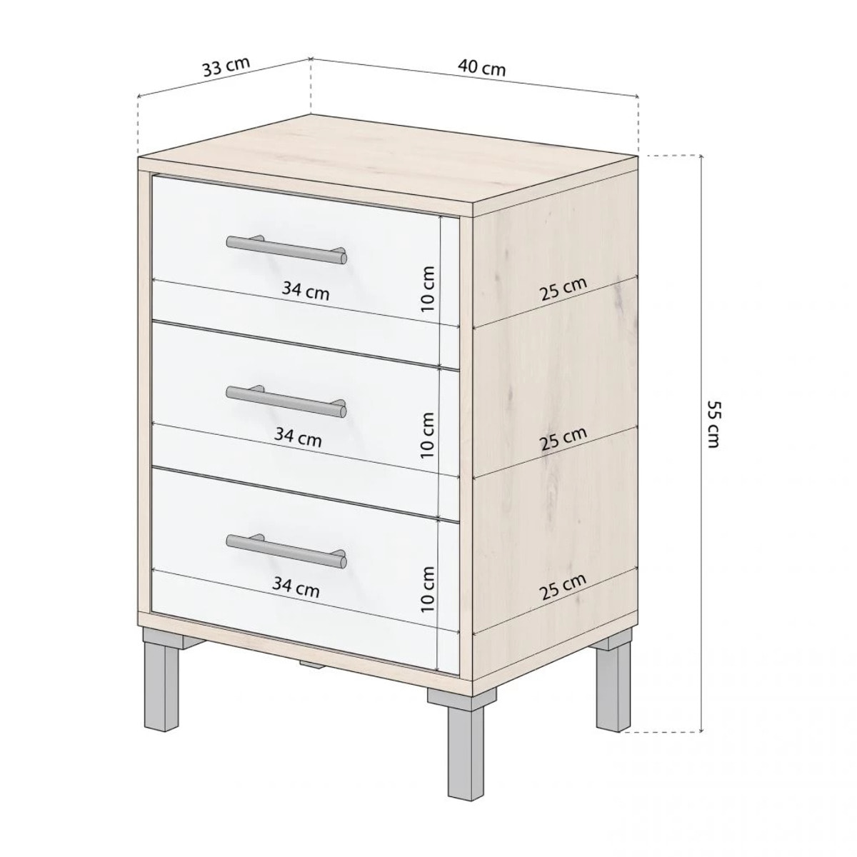 Mesita de noche de 3 cajones en blanco mate y roble nodi 40x33 cm Leia Blanco Artik (Blanco Mate) - Roble Nodi