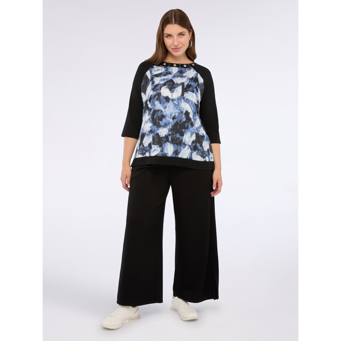 Fiorella Rubino - T-shirt bimaterica con occhielli sullo scollo - Nero