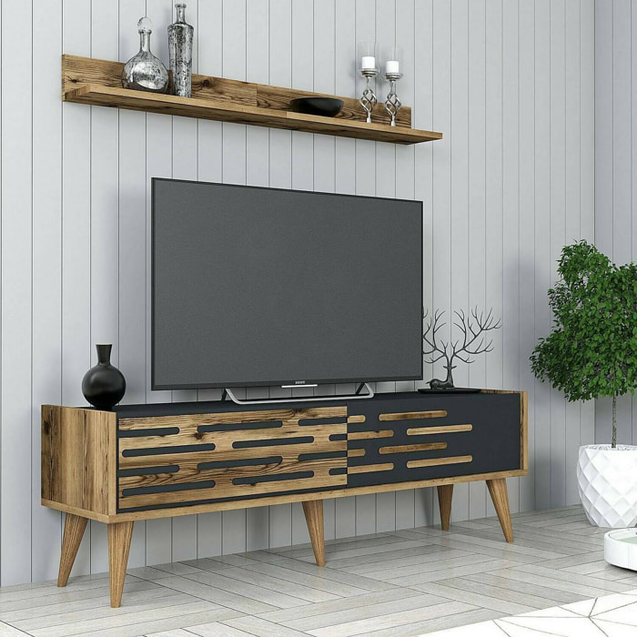 Mobile porta TV Arsiero, Credenza da soggiorno, Armadio basso per TV, Base parete attrezzata, 140x45h35 cm, Noce e Antracite