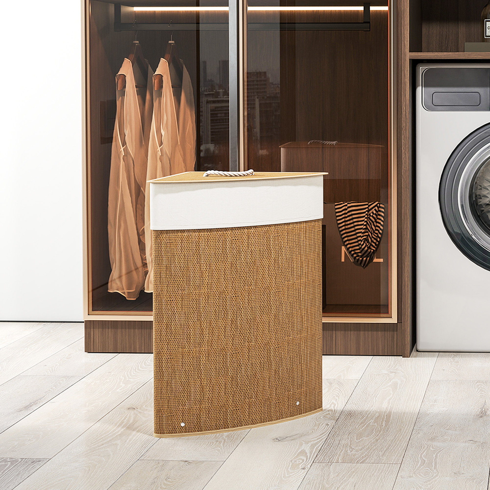 Cesto Ropa Sucia de Bambú para Esquina de 55L con Tapa y Asa, Cubo Ropa Sucia con Bolsa Extraíble y Lavable para Baño, Dormitorio, 35x35x60 cm, Marrón