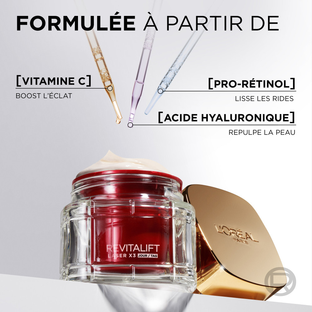 L'Oréal Paris Laser Recharge Soin Anti-Âge Jour à l'Acide Hyaluronique, Pro-Rétinol et Vitamine C 50ml