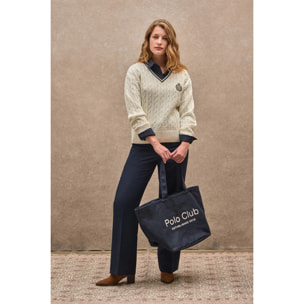 Maglione ecrù intrecciato con scollo a V e toppa nautica Polo Club