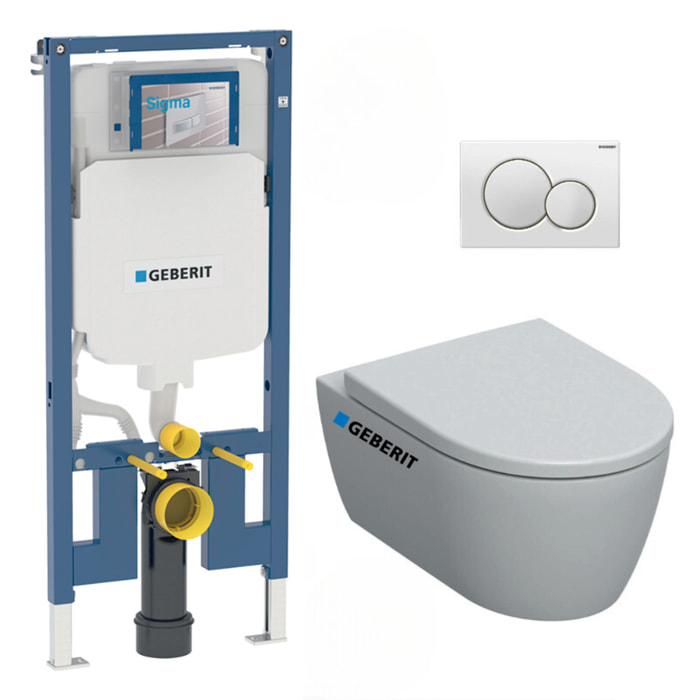 Pack WC Bati-support Geberit Duofix extra-plat + WC sans bride Geberit iCon + Abattant softclose + Plaque blanche (SLIM-iCon-B)