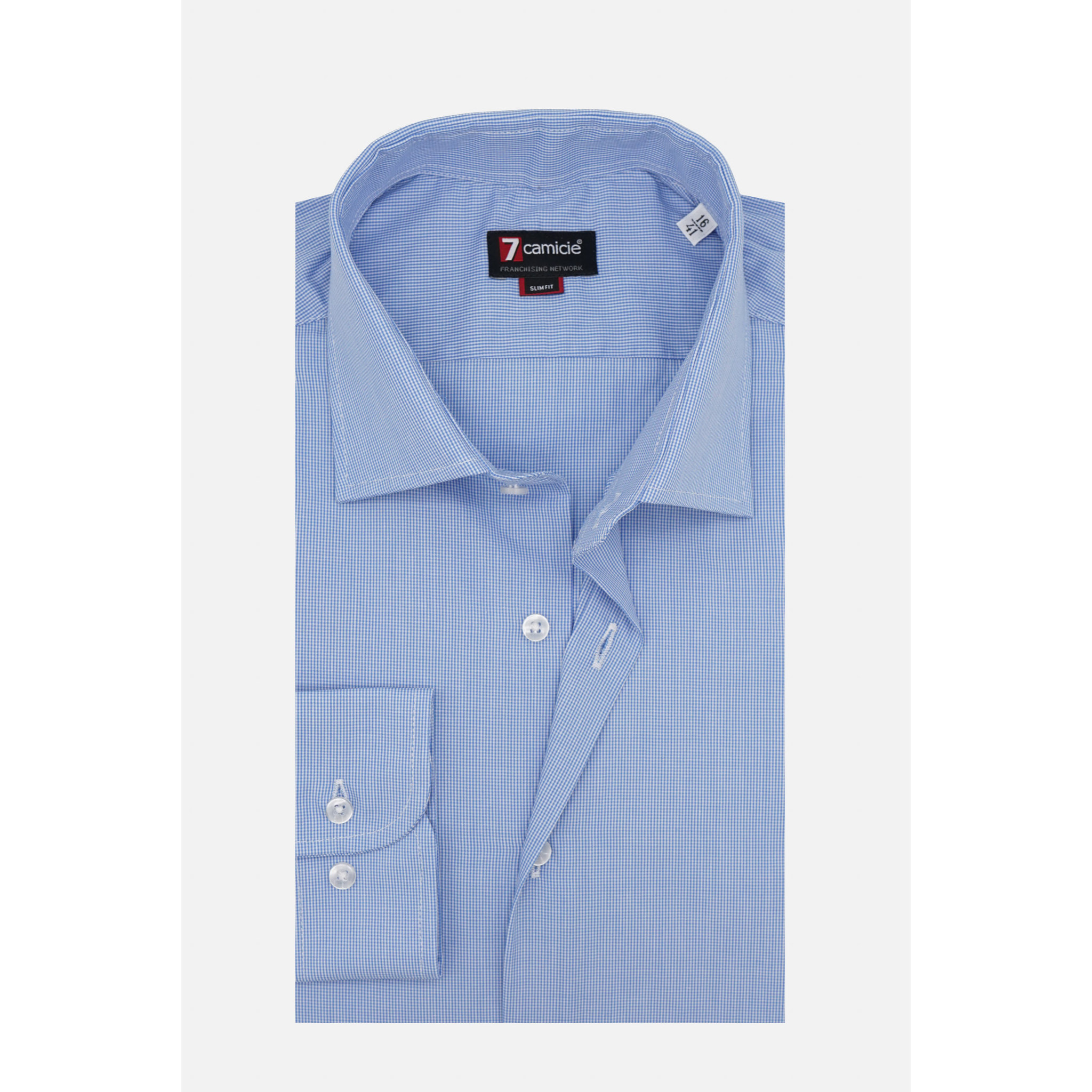 Camicia Uomo 1 Bottone Francese Slim Popeline Quadro Piccolo Blu\Bianco