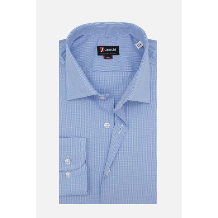 Camicia Uomo 1 Bottone Francese Slim Popeline Quadro Piccolo Blu\Bianco
