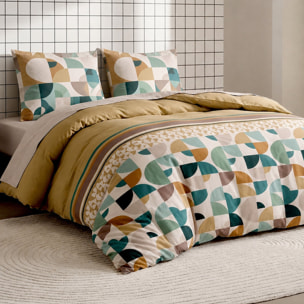 Parure housse de couette 100% coton motif géométrique rétro vert et camel - ADDICT