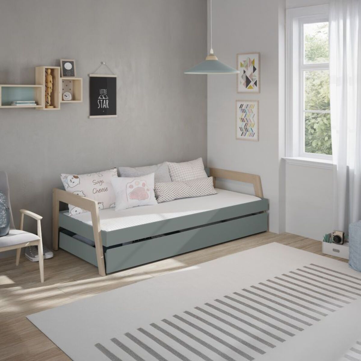 Cama doble juvenil Misty Haze Verde Salvia - Oak Soft