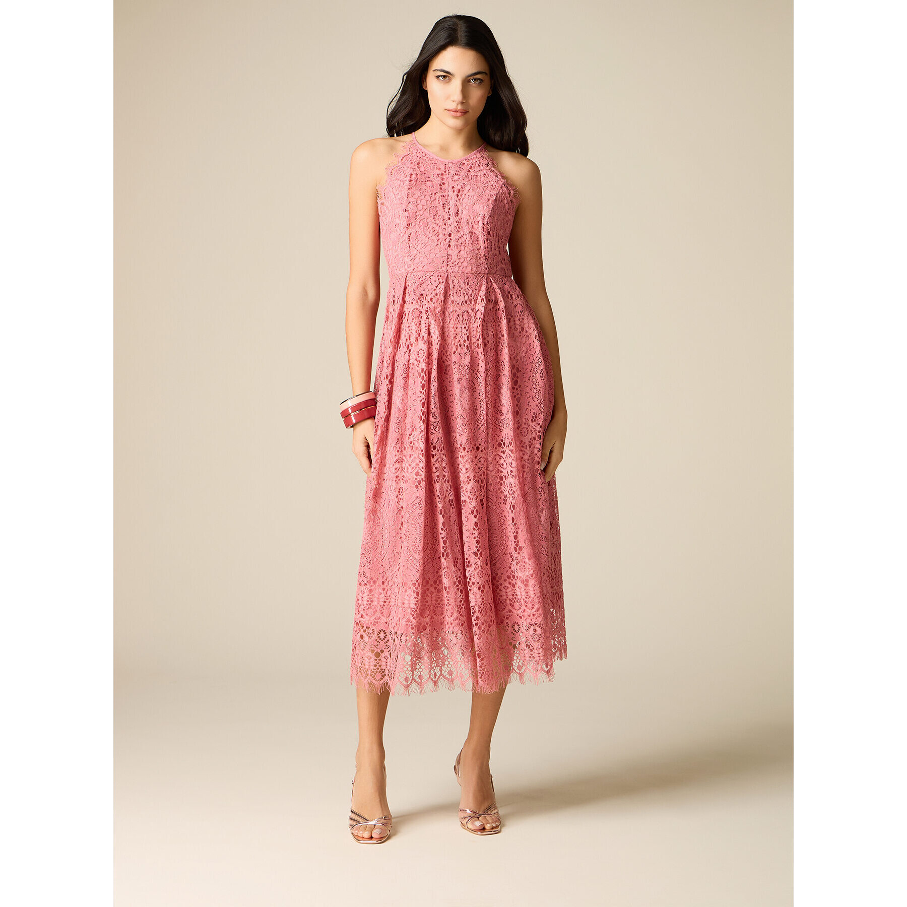 Oltre - Vestito flare midi in pizzo - Rosa