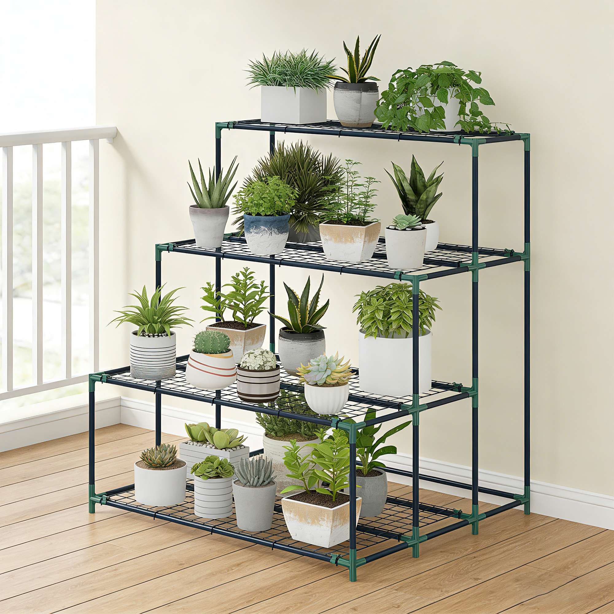 Soporte para Plantas de 4 Niveles, Estantería para Plantas de Acero, Diseño en Escalera, Soporte para Macetas para Interior y Exterior, Jardín, Balcón y Patio, 94x84x110 cm, Verde Oscuro