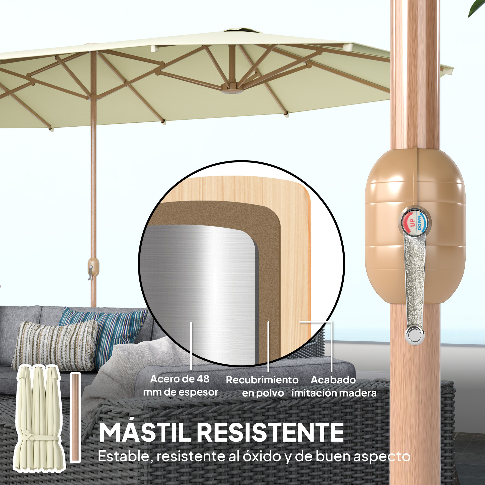 Sombrilla Doble 4,55x2,65 m Sombrilla Terraza Exterior con Manivela Manual Resistente al Agua y Protección Solar Sombrilla Grande para Terraza Playa Piscina Beige