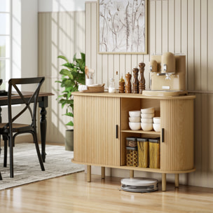 Aparador con Puertas Tambour Deslizantes, Aparador para Salón Moderno, con 4 Compartimentos y Patas de Madera, para Cocina, Entrada, Dormitorio, Roble, 120x40x78 cm