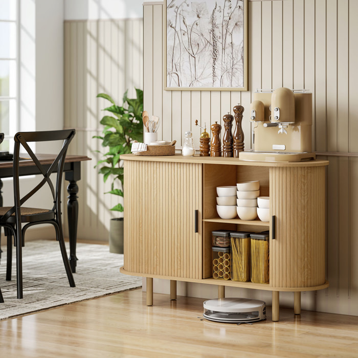 Aparador con Puertas Tambour Deslizantes, Aparador para Salón Moderno, con 4 Compartimentos y Patas de Madera, para Cocina, Entrada, Dormitorio, Roble, 120x40x78 cm