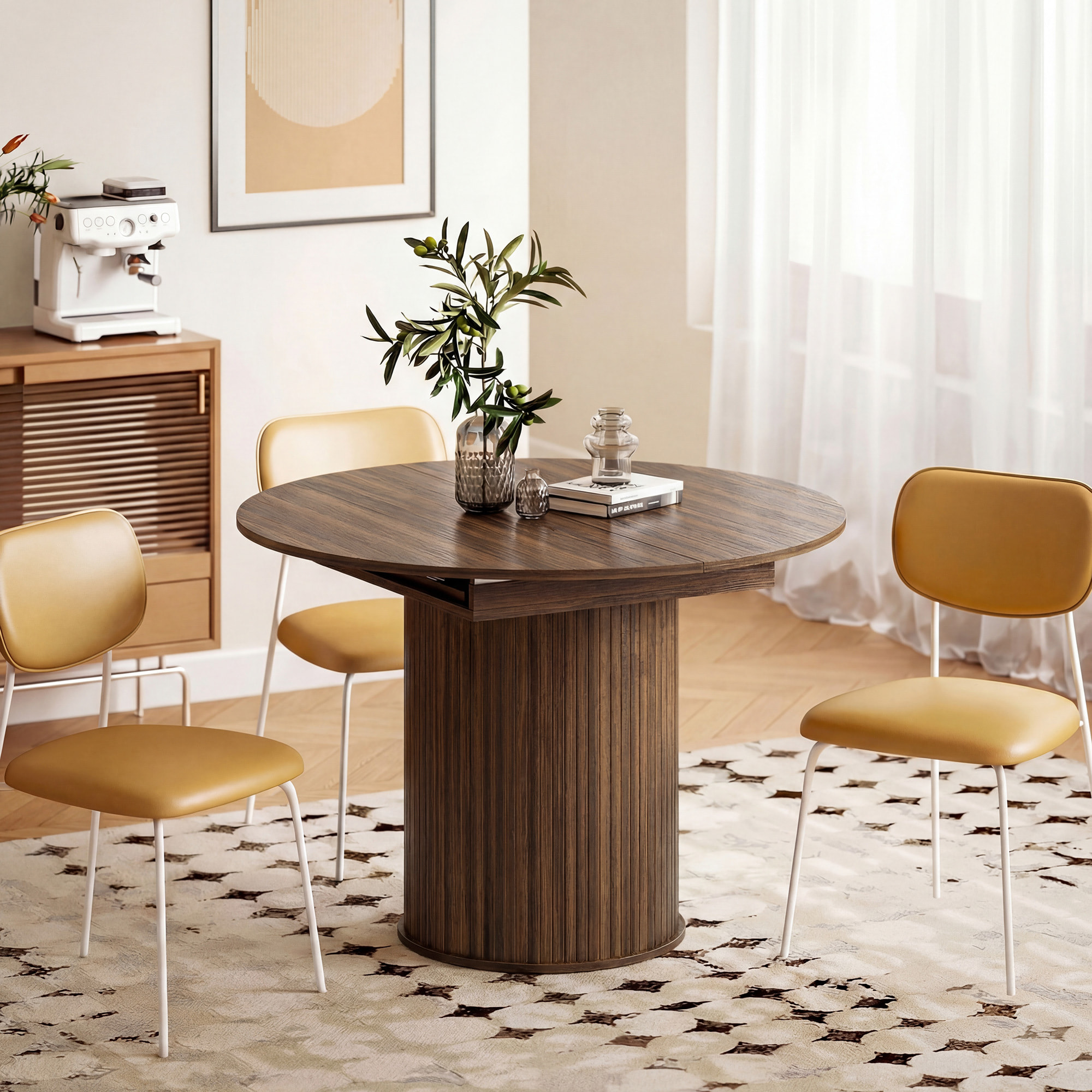 Table ronde extensible table de salon design bois 6-8 personnes dia. 110-150 x 75 cm effet bois noyer