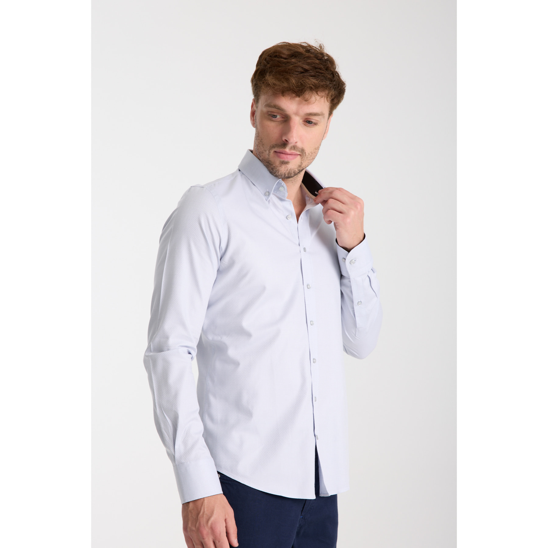 camicia uomo 1 bottone button down slim Jacquard Fantasia Bianco e Bianco