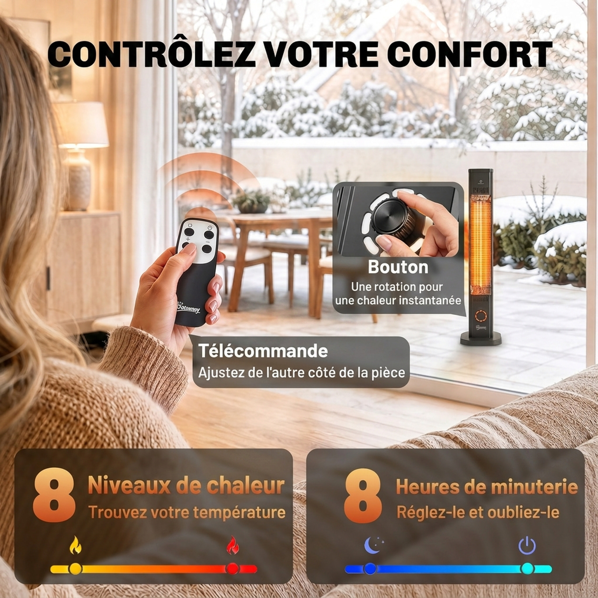 Radiateur infrarouge sur pied 2000W 8 niv. télécommande housse métal noir