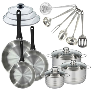 Batterie de cuisine 3 poêles 20/24/28 cm et couvercles, 3 faitouts 16/20/24 cm et 6 ustensiles Fackelmann Geneva
