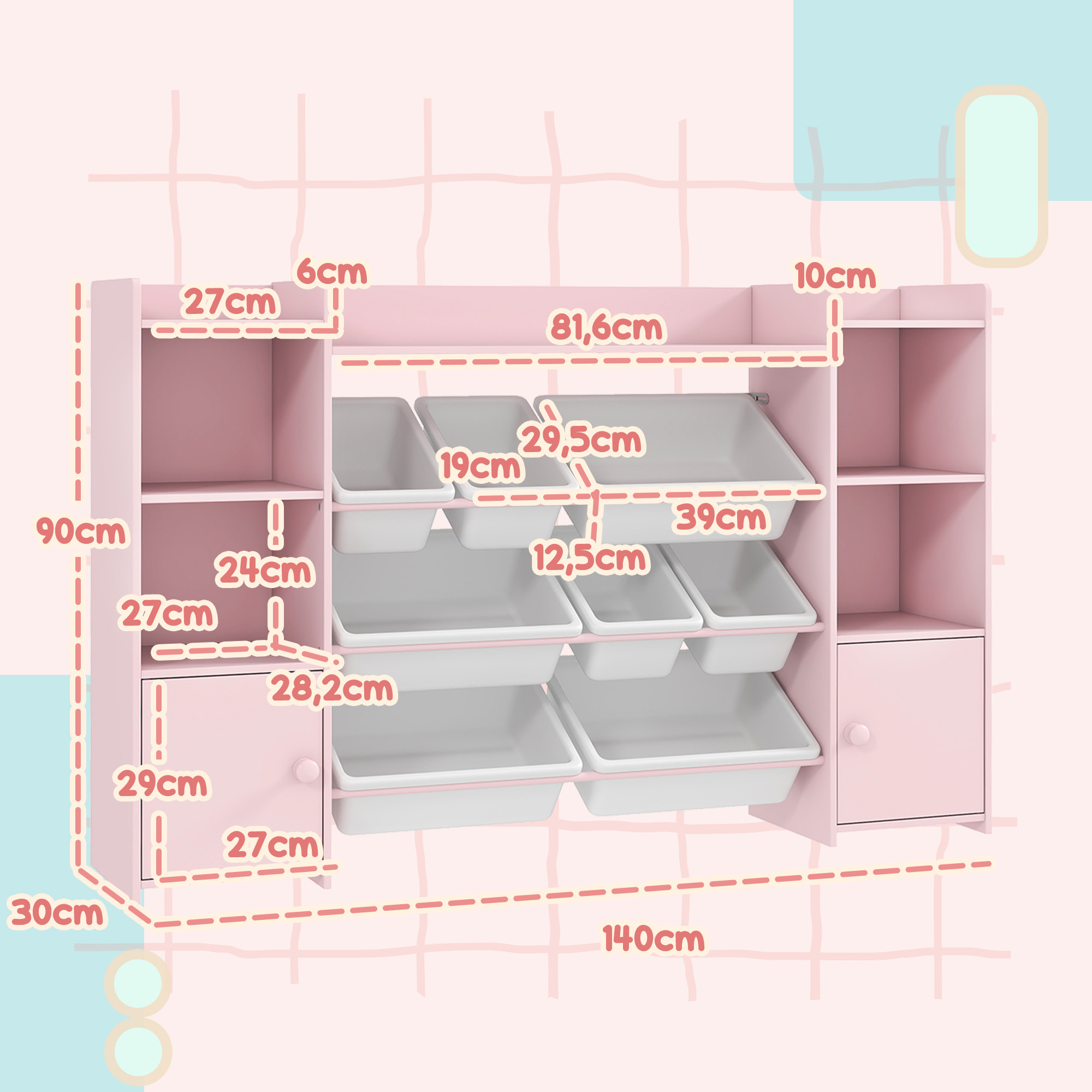 Bibliothèque enfant - rangement à bacs posés x 8 - 4 niches, 3 étagères, 2 portes - rose