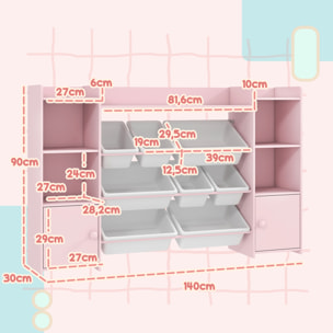 Bibliothèque enfant - rangement à bacs posés x 8 - 4 niches, 3 étagères, 2 portes - rose