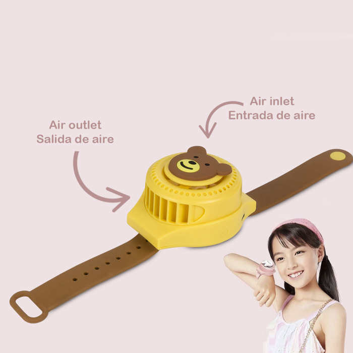 Orologio portatile a ventola con batteria da 300 mAh. Disegno dell'orso. 3 velocità.