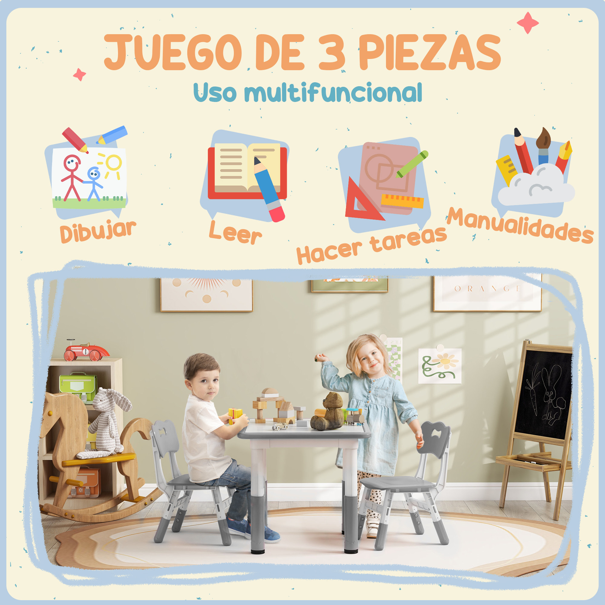 Mesa y Sillas Infantiles de 3 Piezas con Altura Ajustable Mesa Infantil con 2 Sillas Fácil de Limpiar para Niños de 18 Meses a 5 Años para Sala de Juegos Dormitorio Guardería Blanco y Gris