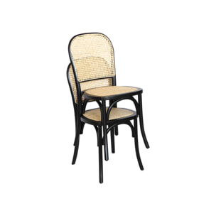 Lot de deux chaises vintage noires en bois avec assise et dossier en rotin