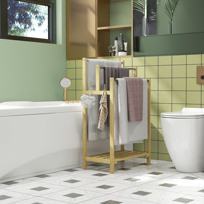 Toallero de Pie de Bambú, Toallero Escalera de Baño con 3 Barras de Acero Inoxidable, Estante Abierto, 4 Ganchos, Estilo Moderno, 50,5x31x90 cm, Natural