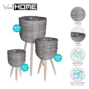 Well home set 3 maceteros c/patas gris ø21ø25ø30cm