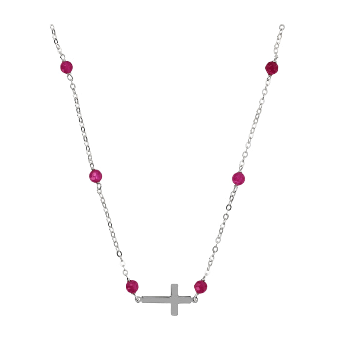 Collana Catena Rolo con Quarzo Rosa e Pendente Croce Argentato in Argento 925 placcato Rodio