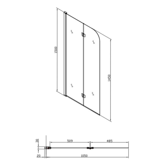 Pare-baignoire pliable, 2 parties, en verre, 150x105cm, Chrome (SATVZSK105)