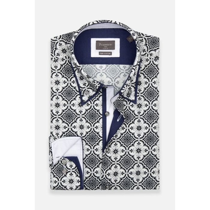 Camicia Uomo Botton Down Slim Twill Stampato Nero/Grigio Chiaro