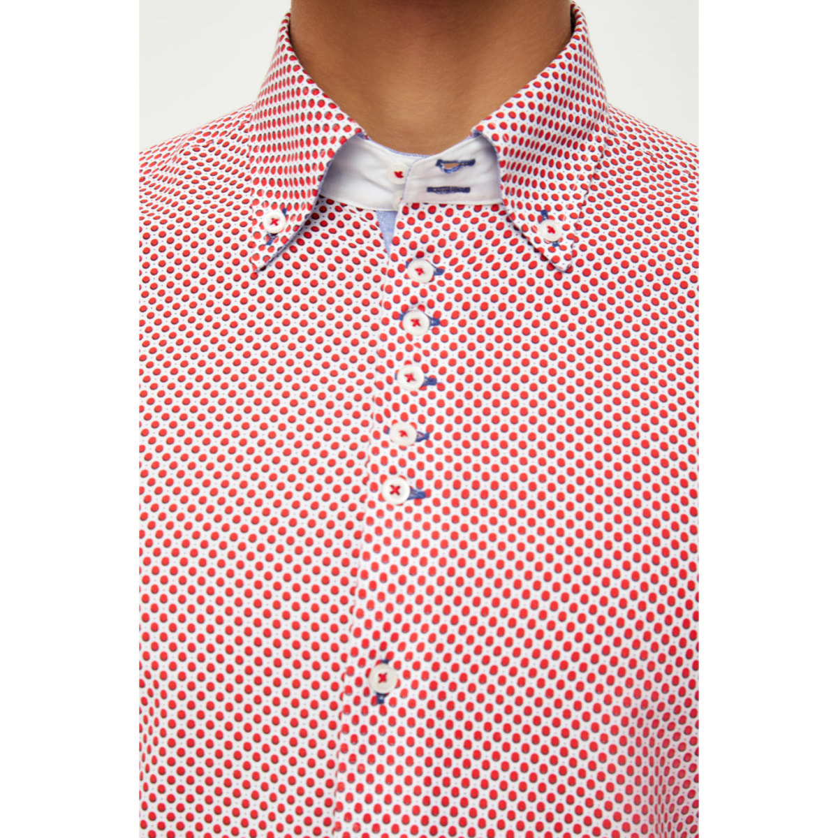 Camicia Uomo 2 Bottoni Button Down 7 Bottoni Slim Cotone Poliestere Stampa Bianco e Rosso