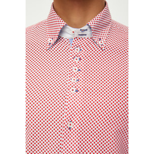 Camicia Uomo 2 Bottoni Button Down 7 Bottoni Slim Cotone Poliestere Stampa Bianco e Rosso