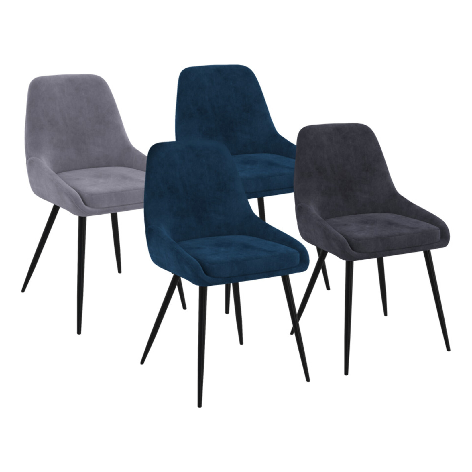 Chaises Olivia velours mix couleurs (gris clair, gris foncé, bleu) pieds métal - lot de 4