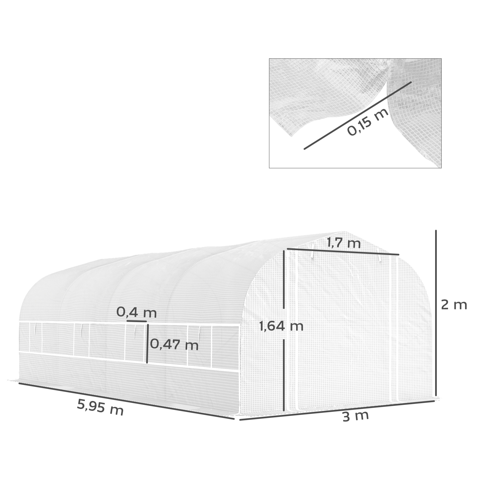 Invernadero de Exterior 6x3x2 m Invernadero de Túnel con 8 Ventanas Cubierta de PE Anti-UV y Puerta Enrollable con Cremallera Paredes Laterales con Malla Blanco