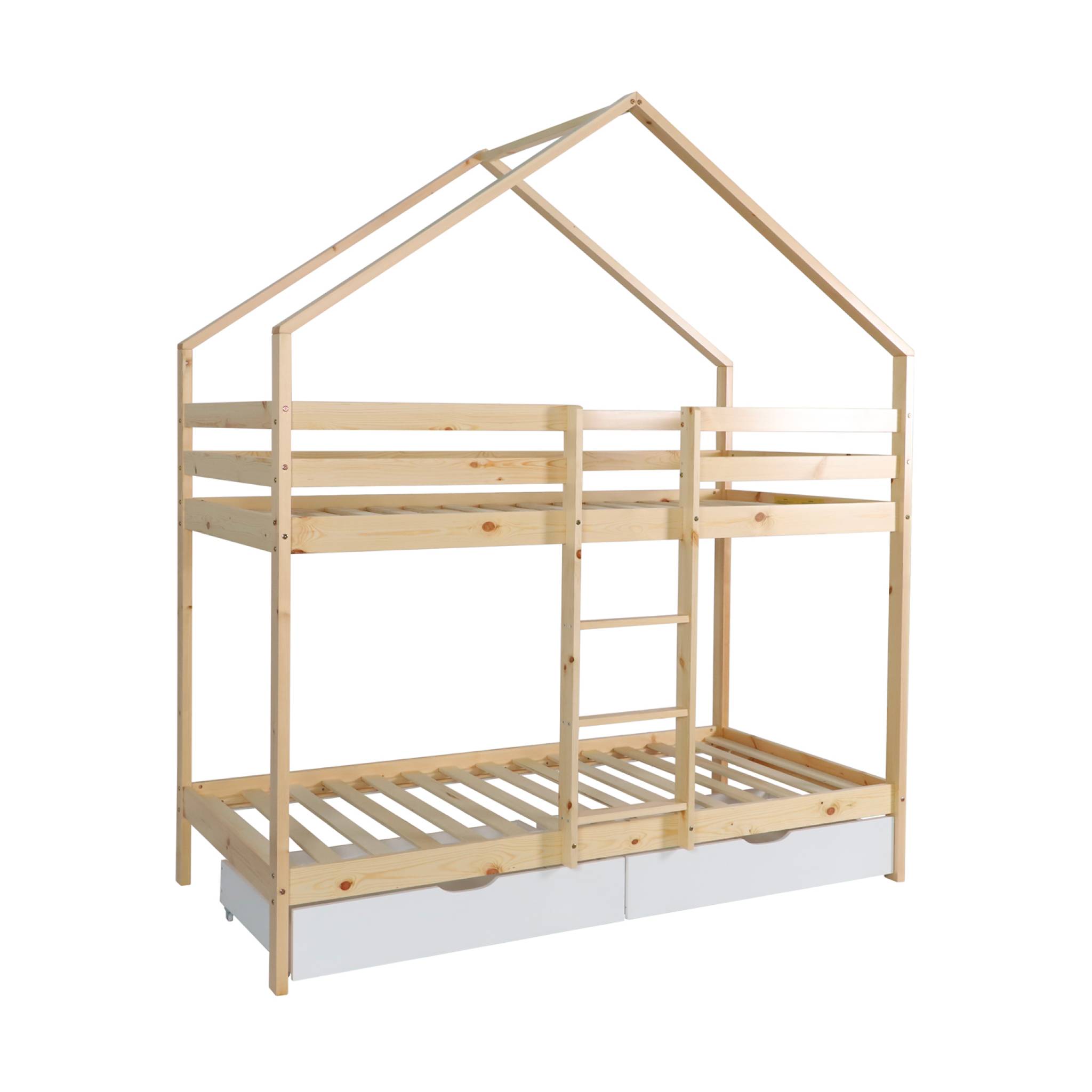 Lit enfant superposé cabane 90 x 190 cm pin naturel avec tiroirs de rangement ROYA